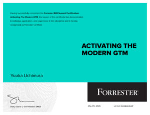 Certificate slide with turquoise gradient: title 'ACTIVATING THE MODERN GTM', author Yuuka Uchimura, Forester logo at bottom right, date May 05, 2026, signature area.
