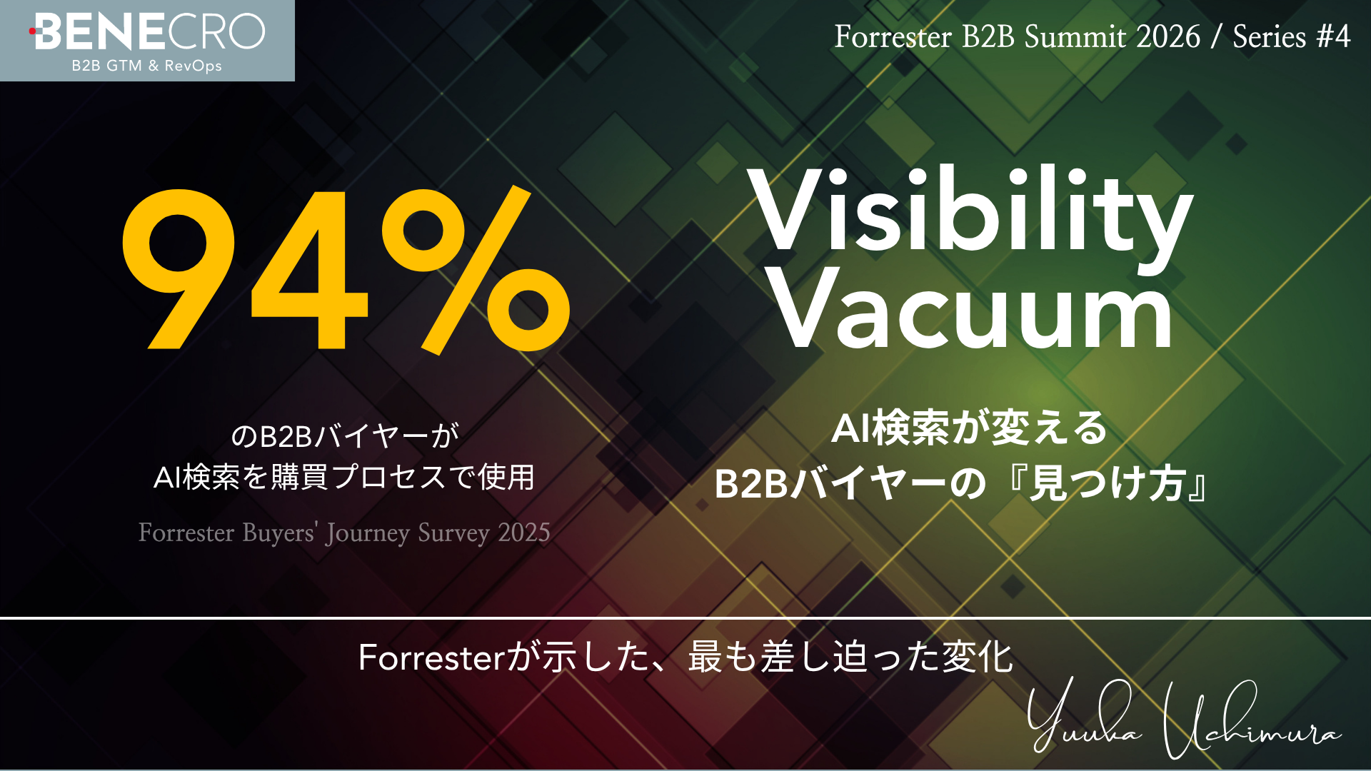株式会社ベネクロによる解説記事「Forrester Visibility Vacuum」のカバー画像。Forrester B2B Summit North America 2026（Series #4）で打ち出された、AI検索（Answer Engine）がBtoBバイヤーの情報探索を変える構造変化「Visibility Vacuum」を解説。BtoBバイヤーの94%が購買プロセスでAI検索を使用（Forrester Buyers' Journey Survey 2025）という主要データを掲載。サブタイトルは「AI検索が変えるBtoBバイヤーの見つけ方」。