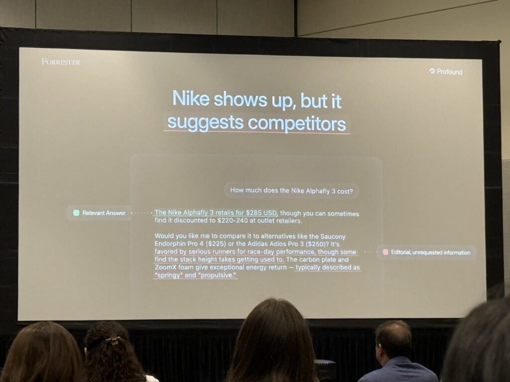 Profound社のセッションスライド。Nike Alphafly 3の価格を質問した場合のLLM応答例。価格情報の後に、競合製品Saucony Endorphin Pro 4やAdidas Adios Pro 3との比較、ランニング選手の評価などEditorial unrequested informationが勝手に追加される構造を示す。