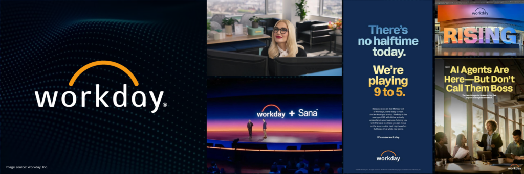 Forrester のキーノートスライド。Workday のロゴと、同社のブランドキャンペーンの各種クリエイティブ(オフィスのビジネスパーソン、ステージ上の「workday + Sana」発表、「There's no halftime today. We're playing 9 to 5.」の広告、年次イベント Rising、AIエージェントに関する調査レポート)をコラージュ。ブランド・デマンド・営業を横断して展開された Workday の統合キャンペーン事例を示す。出典:Workday, Inc.