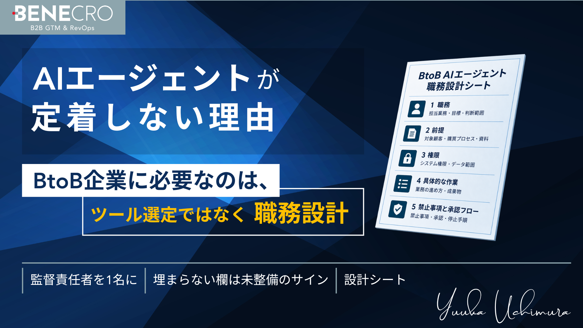 AIエージェントが定着しない理由を解説する記事のカバー画像。BtoB企業に必要なのはツール選定ではなく職務設計であることと、職務・前提・権限・具体的な作業・禁止事項と承認フローの5ブロックからなるBtoB AIエージェント職務設計シートを示している